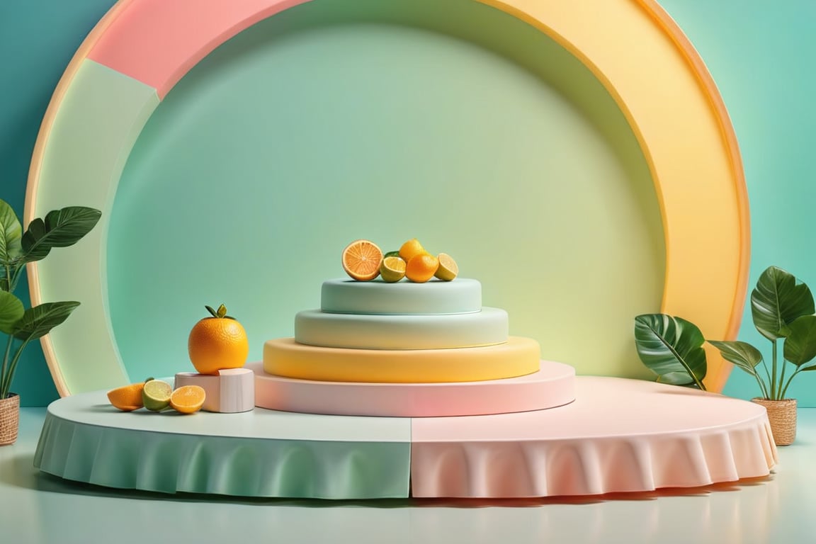 A blank stage designed for product display, featuring a simple and cute scene with lively colors. The setting is realistic, with a clean and minimalistic backdrop that highlights the products. The atmosphere is cheerful and inviting, making the products the focal point of the scene.
masterpiece. The scene is rich in detail.

