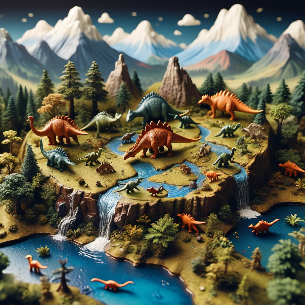 An illustration of a micro-world in a Delicate and realistic style. Depicts an imperial landscape where dinosaurs and people live together. The scene is a miniature artwork, resembling Pocket art that began as a game played by the German court nobility in the 16th century, and later spread from Holland to England, where it flourished and then spread to the United States and Canada.

details and cozy elements that create a charming and inviting atmosphere.
(micro-world)(Dinosaur Empire)(Pocket art)