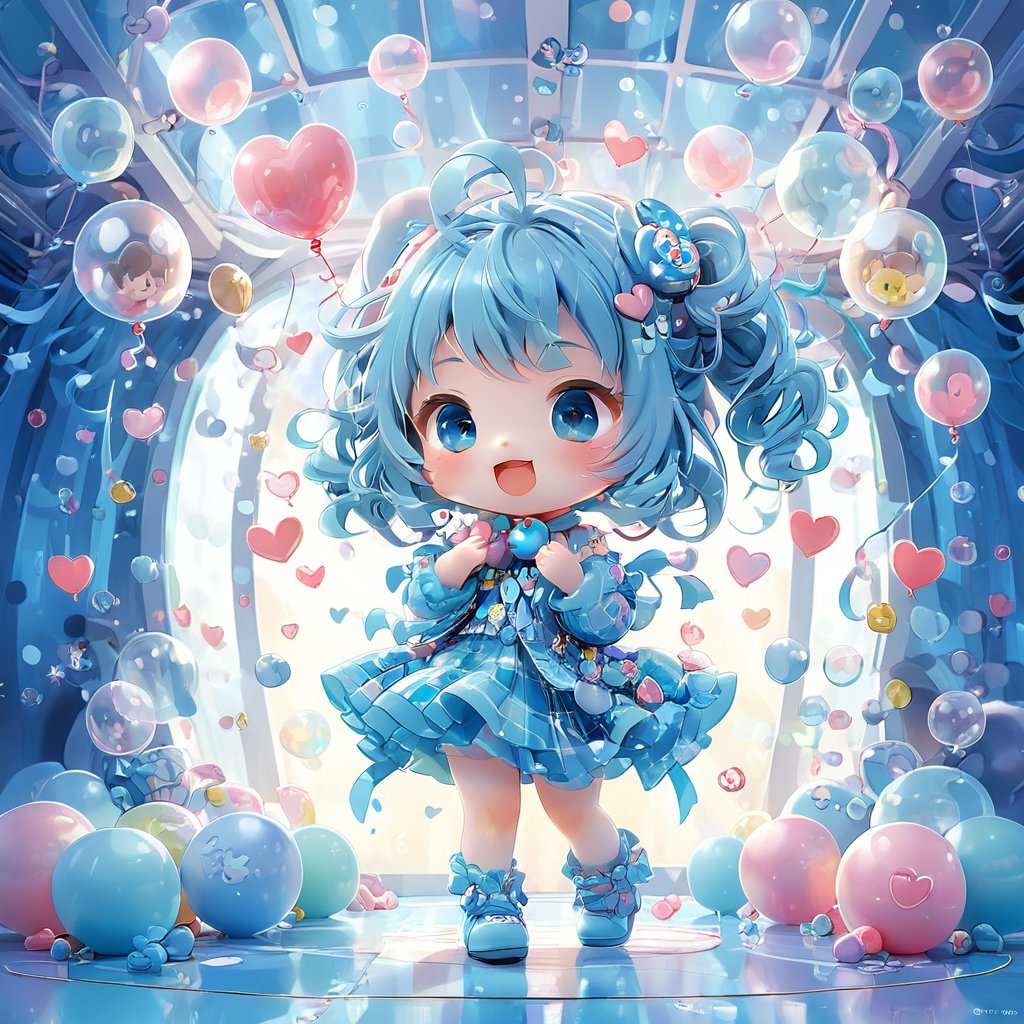 Cute petite girl wearing a chocolate-themed outfit with a blue-colored plaid shirt. Cute giggle. Cute smile with hands slightly blocking her mouth, shy and happy. Lots of love icons popping up around her. heart-shape bubbles.

(solo girl)(whole body,  full_body)
Looking at the viewer, frontal portrait, lively movements. Chibi character. Cute cartoon character with a large head and small body.
(official art, Intricate details. Use more blue tones, anime style, cute and romance, Chaos. Additional details. Looking at the camera, chibi.)

background: A wide-angle shot of the disco ballroom's gleaming floor and ceiling.