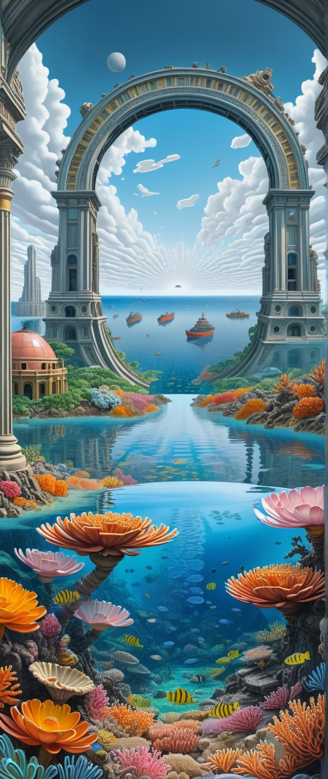 The edges of the image are in close-up, while the center features a distant view. The unique ancient architecture blends with nature ((interesting optical illusions.)) Great Barrier Reef. floating city. In the background, a colossal half-body robot appears, as if it's guarding the land

(3D model),(in the style of Cassandre),(in the style of Tamara de Lempicka), (in the style of Mœbius), minimal vector. (Geometric Patterns). art_booster, Simplicity, more consistent graphics, minimalism, temperament, surrealism.
Rounded lines, perfect proportions, curved lines,  Reduced Sharpness.

Light blue, white, gray and pink, yellow, orange.