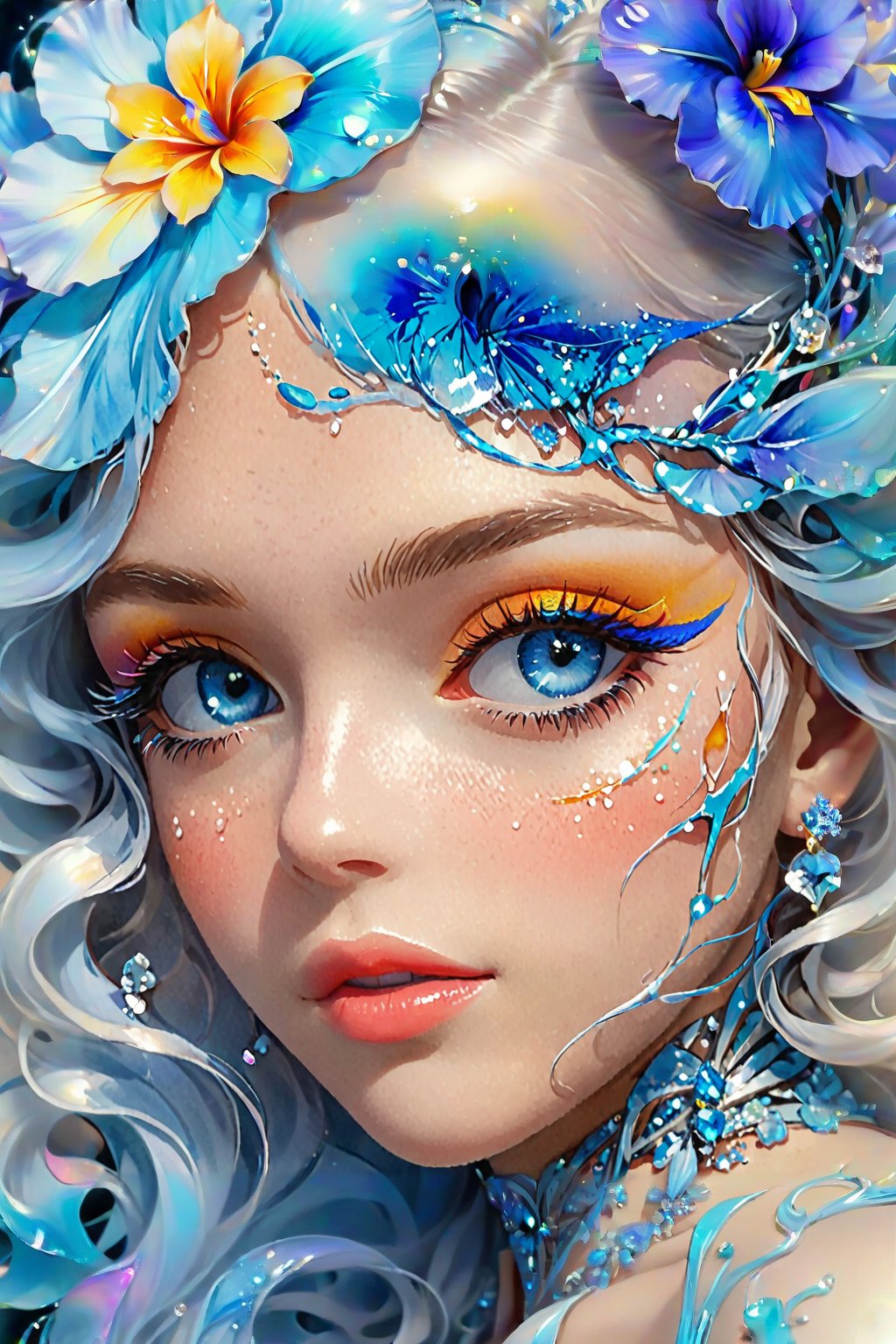 (Beautiful girl.)(Properly positioned facial features, beautiful face) Fractal iris, fantasy beauty, bio chemiluminescence iris, art nouveau, bright colors, kaleidoscope, and prism effects, abstract art, calligraphy patterns, artistic lettering, beautiful scripts, penmanship, visual poetry, cultural, Realistic Blue Eyes, DonMM3l4nch0l1cP5ych0XL, Close-up of her eyes.
Melting pigments, falling colors, vivid, colorful, fantasy, oil on canvas, Dripping paint.
crystal flower. rococo.