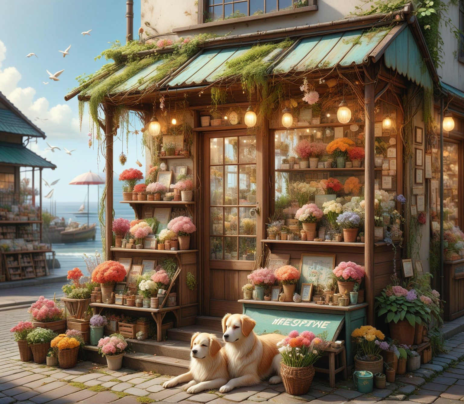 create something no one would expect.
(A flower shop)(cute sleeping dog)(sea view) A flower shop with a view of the sea, devoid of people, featuring a sleeping dog adding to the warm and cute atmosphere. The weather is sunny with seagulls flying in the distance. The flower shop is a wooden house with an awning and flower display racks, depicted in a vintage, nostalgic, Japanese cartoon style. The scene feels like an inviting flower shop flyer, evoking a sense of charm and tranquility. CuteStyle. by Conrad Roset, Pino Daeni, Jeremy Mann, Alex Maleev, 16k resolution, alexander mcqueen, John William Waterhouse Rudolf hausner, daniel f. Gerhartz, watercolor,shuicaixiaodian