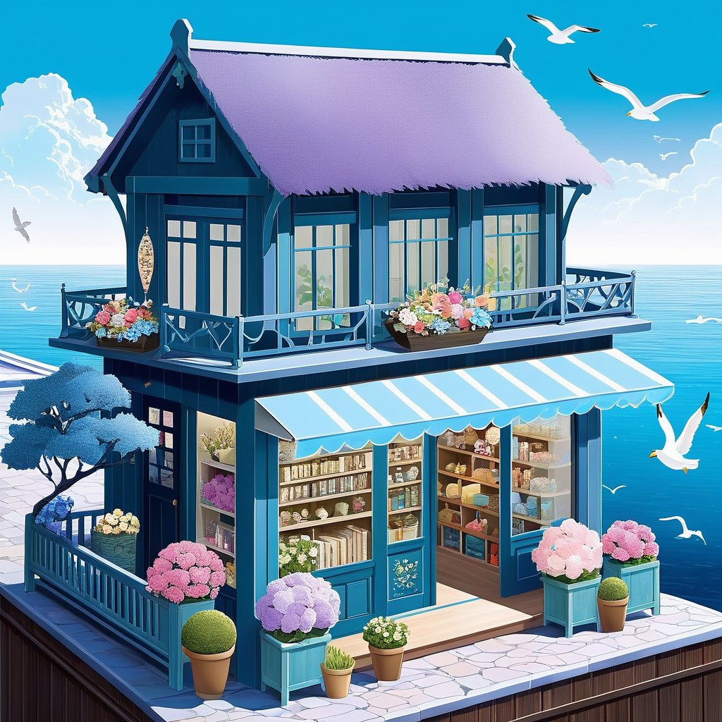 (A flower shop)(cute sleeping dog)(Seaside) A flower shop with a view of the sea, devoid of people, featuring a sleeping dog adding to the warm and cute atmosphere. The weather is sunny with seagulls flying in the distance. The flower shop is a wooden house with an awning and flower display racks, depicted in a vintage, nostalgic, Japanese cartoon style. The scene feels like an inviting flower shop flyer, evoking a sense of charm and tranquility. CuteStyle. 
(fine textures and rich details of paper sculpture art, depth of three-dimensional sense), colorful, the image has a mysterious, extremely luminous, and bright design, soft colors, papercut, (masterpiece, top quality, best quality, official art, beautiful and aesthetic:1.2)