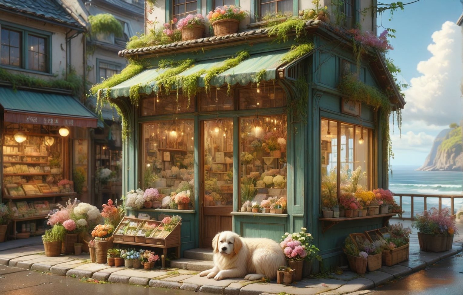 create something no one would expect.
(A flower shop)(cute sleeping dog)(sea view) A flower shop with a view of the sea, devoid of people, featuring a sleeping dog adding to the warm and cute atmosphere. The weather is sunny with seagulls flying in the distance. The flower shop is a wooden house with an awning and flower display racks, depicted in a vintage, nostalgic, Japanese cartoon style. The scene feels like an inviting flower shop flyer, evoking a sense of charm and tranquility. CuteStyle. by Conrad Roset, Pino Daeni, Jeremy Mann, Alex Maleev, 16k resolution, alexander mcqueen, John William Waterhouse Rudolf hausner, daniel f. Gerhartz, watercolor,shuicaixiaodian