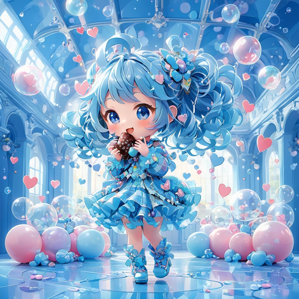 Cute petite girl wearing a chocolate-themed outfit with a blue-colored plaid shirt. Cute giggle. Cute smile with hands slightly blocking her mouth, shy and happy. Lots of love icons popping up around her. heart-shape bubbles.

(solo girl)(whole body,  full_body)
Looking at the viewer, frontal portrait, lively movements. Chibi character. Cute cartoon character with a large head and small body.
(official art, Intricate details. Use more blue tones, anime style, cute and romance, Chaos. Additional details. Looking at the camera, chibi.)

background: A wide-angle shot of the disco ballroom's gleaming floor and ceiling.