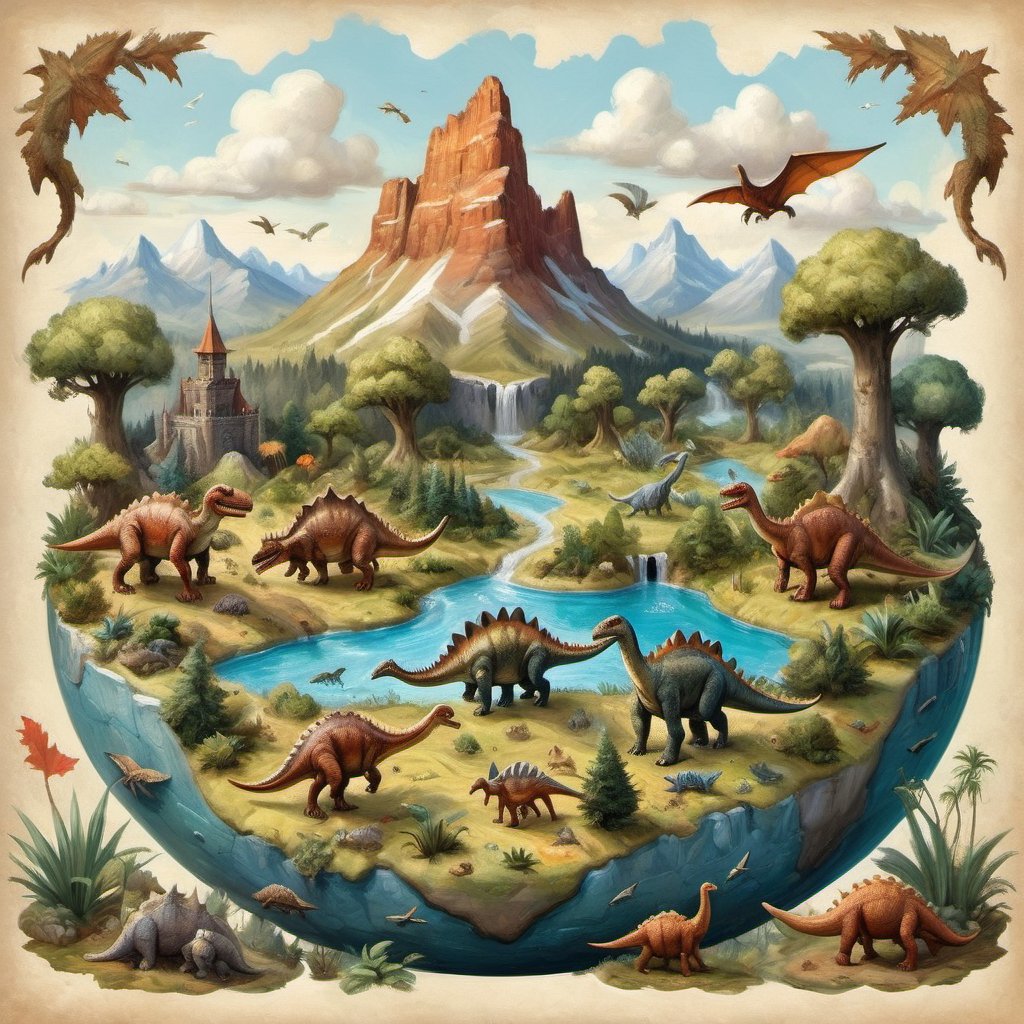 An illustration of a micro-world in a Delicate and realistic style. Depicts an imperial landscape where dinosaurs and people live together. The scene is a miniature artwork, resembling Pocket art that began as a game played by the German court nobility in the 16th century, and later spread from Holland to England, where it flourished and then spread to the United States and Canada.

details and cozy elements that create a charming and inviting atmosphere.
(micro-world)(Dinosaur Empire)(Pocket art)