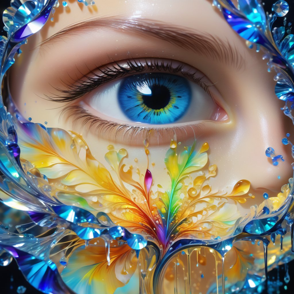 (Close-up)(solo Eye) young girl.
Fractal iris, fantasy beauty, bio chemiluminescence iris, art nouveau, bright colors, kaleidoscope, and prism effects, abstract art, calligraphy patterns, artistic lettering, beautiful scripts, penmanship, visual poetry, cultural, Realistic Blue Eye, DonMM3l4nch0l1cP5ych0XL.

Melting pigments, falling colors, vivid, colorful, fantasy, oil on canvas, Dripping paint.
crystal flower. 