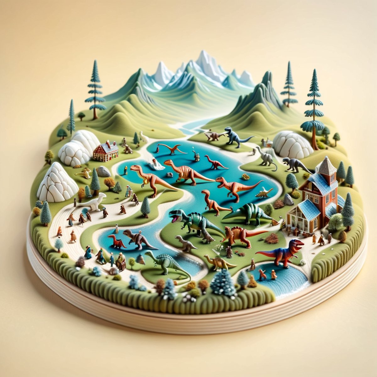 An illustration of a micro-world in a Delicate and realistic style. Depicts an imperial landscape where dinosaurs and people live together. The scene is a miniature artwork, resembling Pocket art that began as a game played by the German court nobility in the 16th century, and later spread from Holland to England, where it flourished and then spread to the United States and Canada.

details and cozy elements that create a charming and inviting atmosphere.
(micro-world)(Dinosaur Empire)