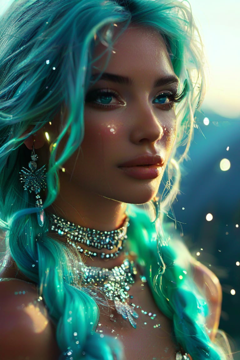 Best quality, 4K, 8K, high-resolution, masterpiece, ultra-detailed, photorealistic, a close up of a woman's face with turquoise and teal hair, glowing eyes, and lots of glitter, 1girl, long hair, yellow eyes, jewelry, turquoise hair, blurry, eyelashes, lips, colored skin, depth of field, braided hair, mountain background, portrait, gem, aqua skin