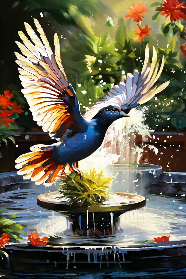 masterpiece, top quality, best quality, official art, beautiful and aesthetic, extremely detailed.

Animal painting, slow motion, capturing a bird bathing in a fountain. The focus is on the intricate details of the bird's feathers, with a close-up, highly realistic approach. The scene highlights water droplets flying through the air and those being flicked off by the bird. This is an award-winning, highly detailed, and realistic artwork.
(Fountain) decorated with patterns that resemble embossing or engraving, giving it an antique appearance. It is colored in a stone-white, suggesting it may be made of stone.

Flower petals, warm light, lush greenery, distant blur. petite and Beautiful Hummingbird.
(close-up)(focus on bird's movement.)(Birdie with a splash.)