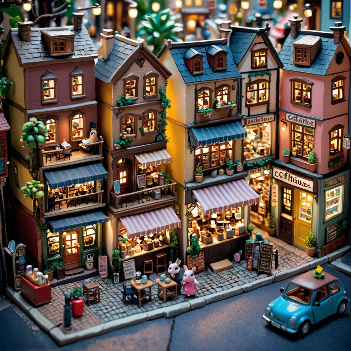 A cozy and cute street filled with various stores, including coffee shops, music stores, clothing stores, barber shops, drink stores, and food stalls. The street is bustling with small animals walking, chatting, buying, and eating. The scene captures the charm of a micro-world or dollhouse, featuring funny interactions, cute actions, and a sense of childish fun.
(micro-world)(dollhouse)(3D)(photografic)semi-realistic