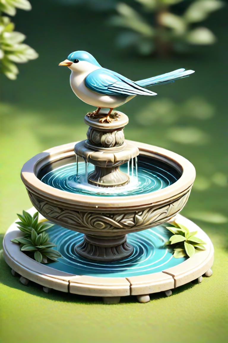 European Fountain, Artwork, Renaissance, Sculpture.  (Fountain design. tiered fountain.) (isometric, miniature, tilt shift, Th3Dru1d5.) Cute and vivid birds are bathing.

Fountain design incorporating birdbath.
The bird bath is ornately decorated with patterns that resemble embossing or engraving, giving it an antique appearance. It is colored in a stone-white, suggesting it may be made of stone. The bowl of the bath contains water, and it's filled with rounded pebbles at its base, which could serve as a stable surface for birds. A bird is perched on the edge of the bath, indicating the function of the object. 