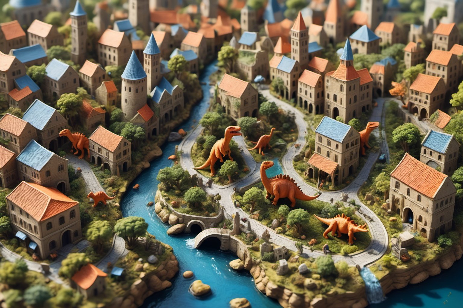 An illustration of a micro-world in a Delicate and realistic style. DA fantasy world depicting a bustling medieval Greek city where dinosaurs are pets that blend into the streetscape and live with the people.

The scene is a miniature artwork, resembling Pocket art that began as a game played by the German court nobility in the 16th century, and later spread from Holland to England, where it flourished and then spread to the United States and Canada.

Lively and bright atmosphere, detailed interactive scenes
(micro-world)(Dinosaur as pet)(Empire)(Pocket art)