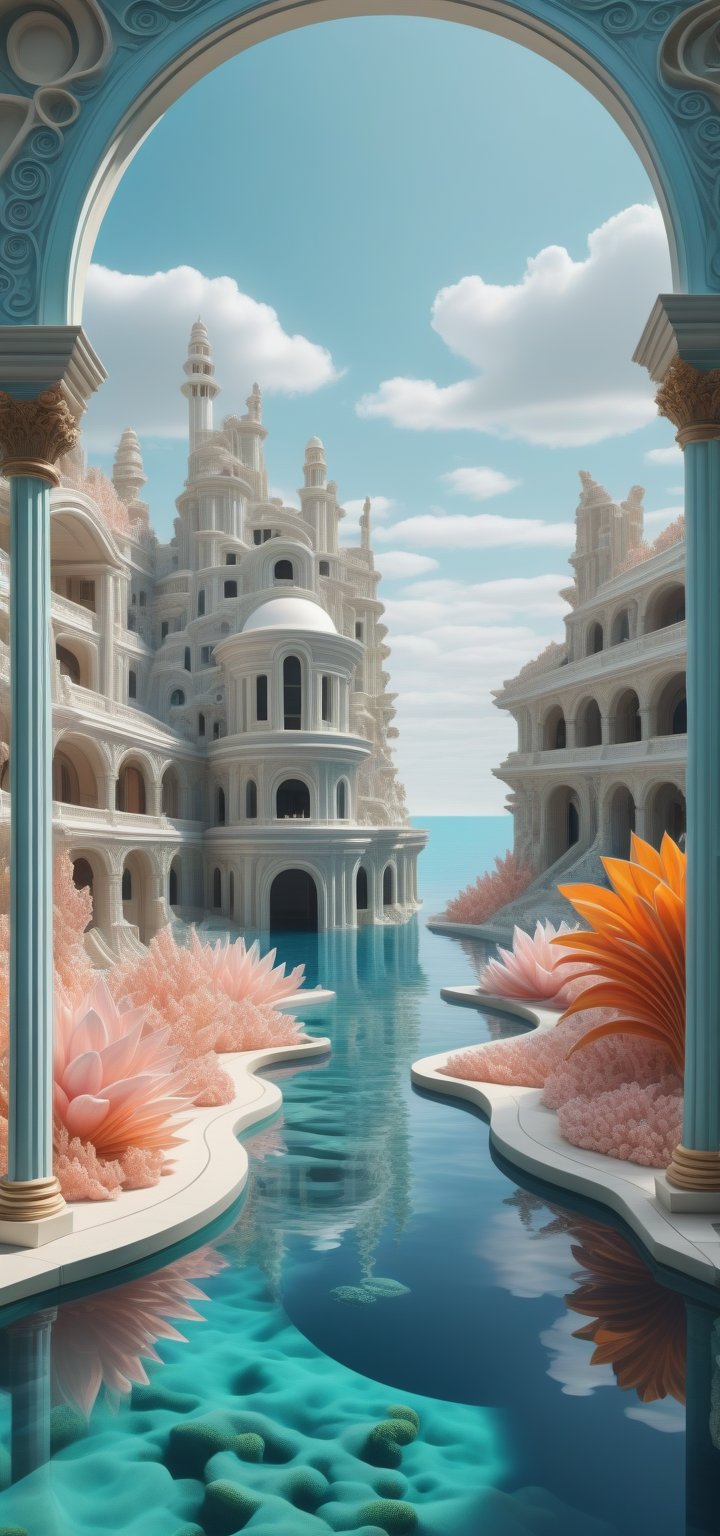 The edges of the image are in close-up, while the center features a distant view. 3D model of the unique ancient architecture blends with nature ((interesting optical illusions.)) Barrier Reef. floating architecture. In the background, a colossal half-body robot appears, as if it's guarding the land

(3D model),(in the style of Cassandre),(in the style of Tamara de Lempicka), (in the style of Mœbius), minimal vector. (Geometric Patterns). Simplicity,  minimalism, temperament, surrealism.
Rounded lines, perfect proportions, curved lines,  Reduced Sharpness.

Light blue, white, gray and pink, yellow, orange.