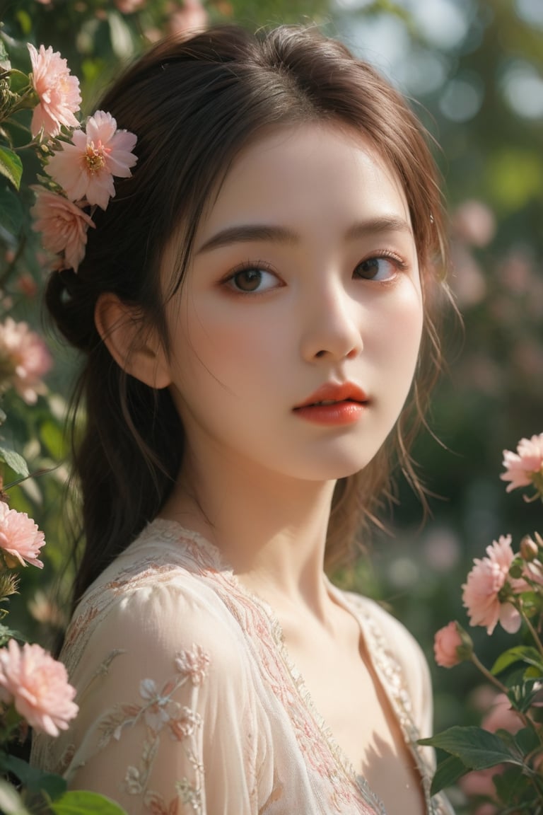 a beautiful girl in a peaceful garden, detailed eyes, long eyelashes, beautiful lips, extremely detailed face, 1girl, delicate flower garden, sunlight, vibrant colors, photorealistic, 8k, high quality, intricate details, cinematic lighting, warm color palette, elegant, serene atmosphere