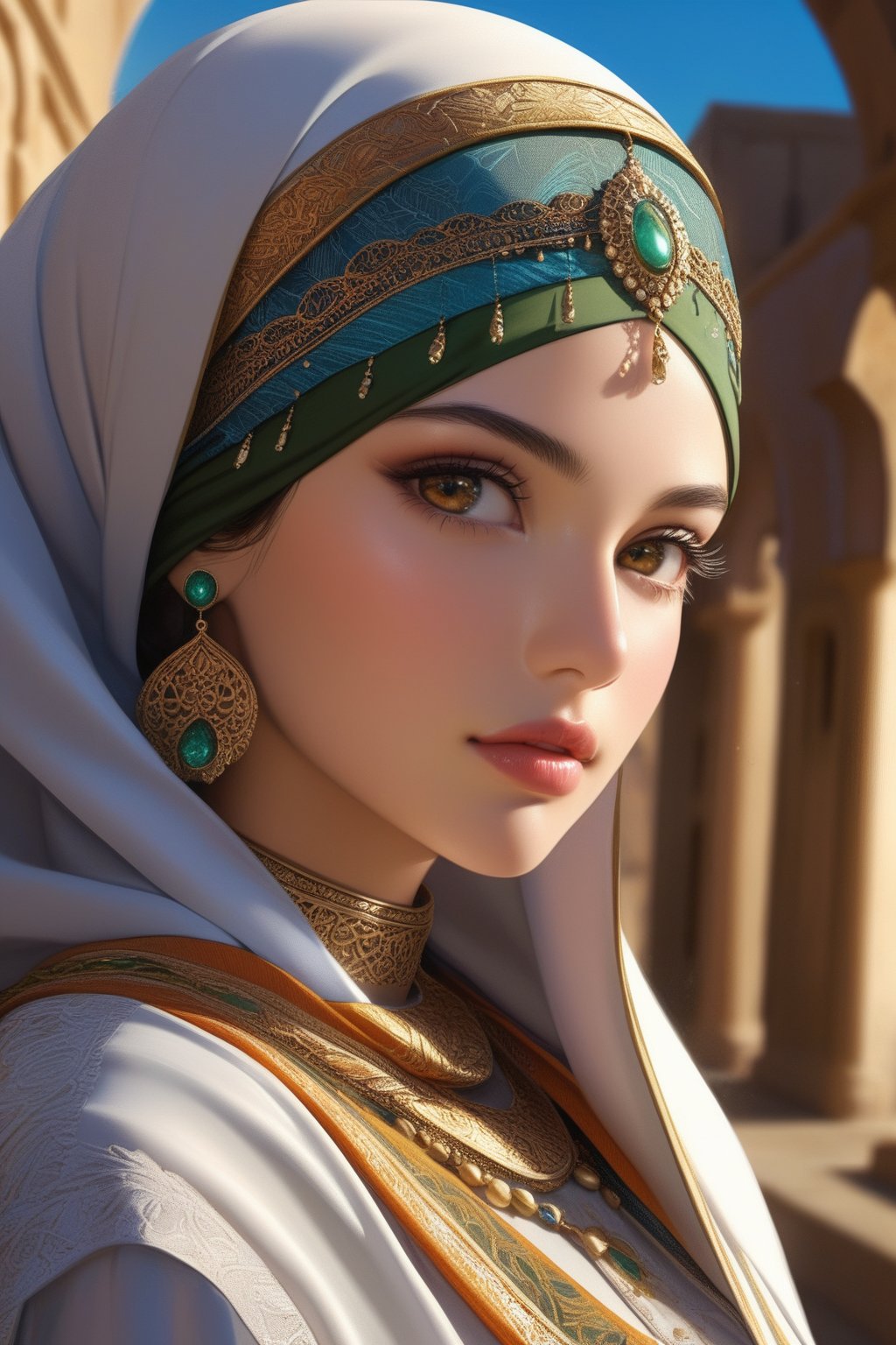 a beautiful anime hijab girl, elegant arabic hijab, detailed intricate hijab folds, beautiful detailed eyes, beautiful detailed lips, extremely detailed face and features, long eyelashes, soft glowing skin, serene expression, detailed clothing folds, detailed jewelry, detailed background, (best quality,4k,8k,highres,masterpiece:1.2),ultra-detailed,(realistic,photorealistic,photo-realistic:1.37),vibrant colors,dramatic lighting,award winning digital art