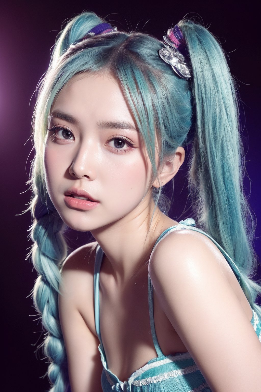a beautiful detailed portrait of Hatsune Miku, long blue pigtails, big expressive eyes, detailed facial features, cute expression, detailed beautiful skin, intricate outfit, colorful background, vibrant colors, cinematic lighting, elegant, photorealistic, 8k, highest quality