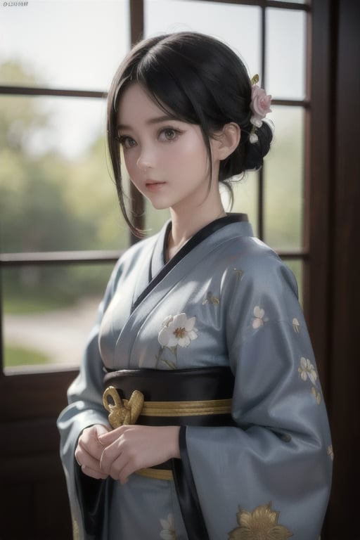 a cute little girl in a garden themed anime kimono, beautiful detailed eyes, beautiful detailed lips, extremely detailed face and eyes, long eyelashes, porcelain skin, sad expression, detailed ornate kimono, detailed hair ornaments, detailed background, (best quality,4k,8k,highres,masterpiece:1.2),ultra-detailed,(realistic,photorealistic,photo-realistic:1.37),intricate details,dramatic lighting,chiaroscuro,moody atmosphere,dark color palette,deep shadows,muted colors,cinematic composition