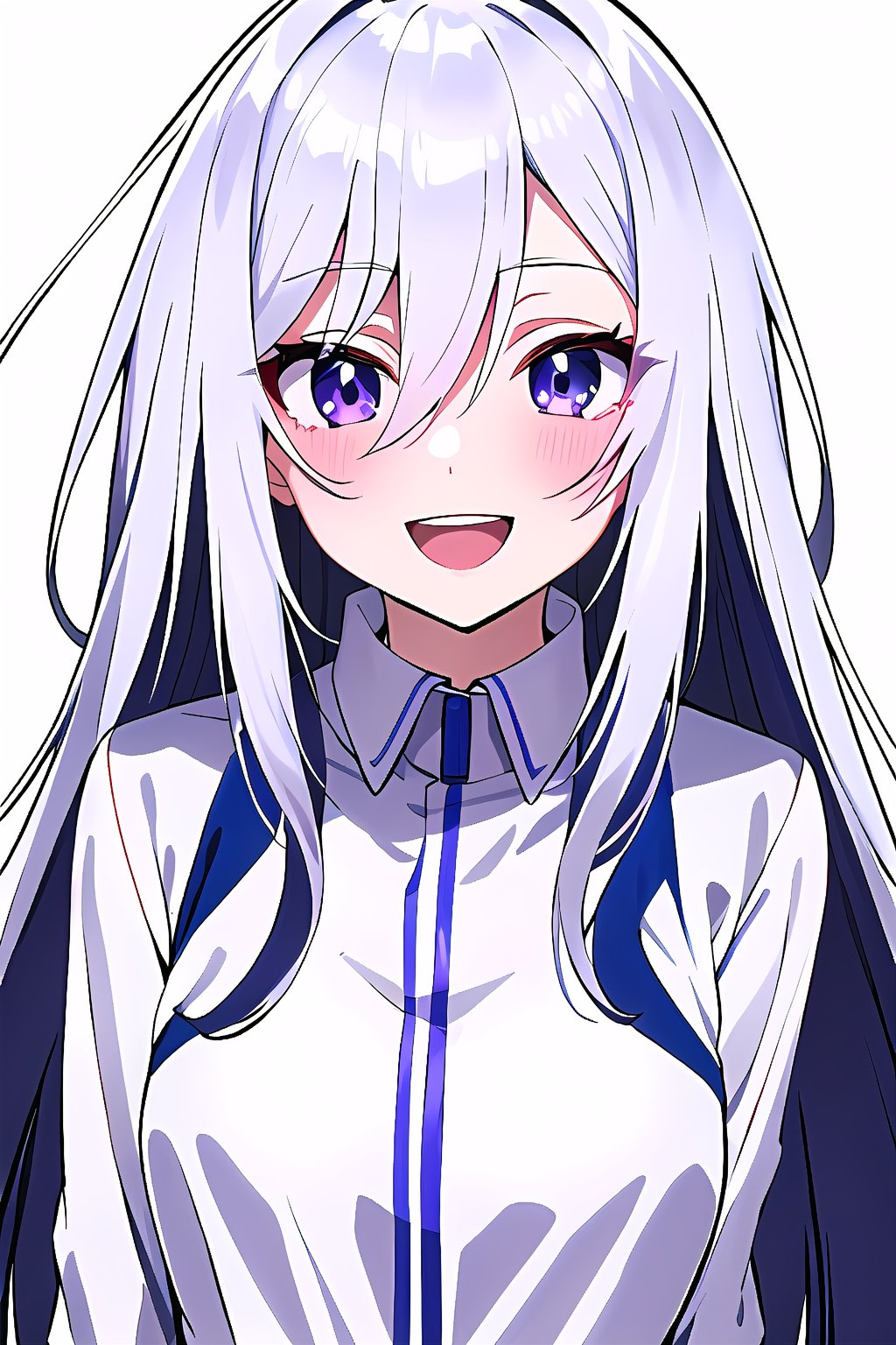 satoru gojo, white hair, long hair, hair between eyes, blue eyes, colored eyelashes, looking at viewer, blush, smile, long hair, open mouth, bangs, simple background, 1girl, white background, purple eyes, jacket, white shirt, upper body, :d, messy_hair