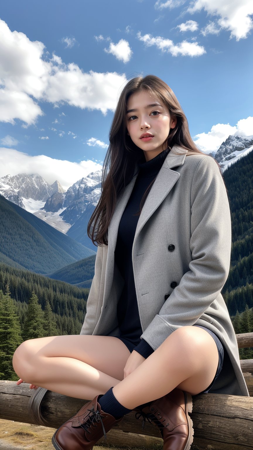 cute girl, long hair, grey winter coat fashion, black short skirt, boots, Sitting cross-legged on wood log, switzerland, snowy mountains background, blue sky, 4K, ultra HD, RAW photo, realistic, masterpiece, best quality, beautiful skin, white skin, 50mm, medium full shot, outdoor, full body, photography, Portrait, ,chinatsumura, high fashion