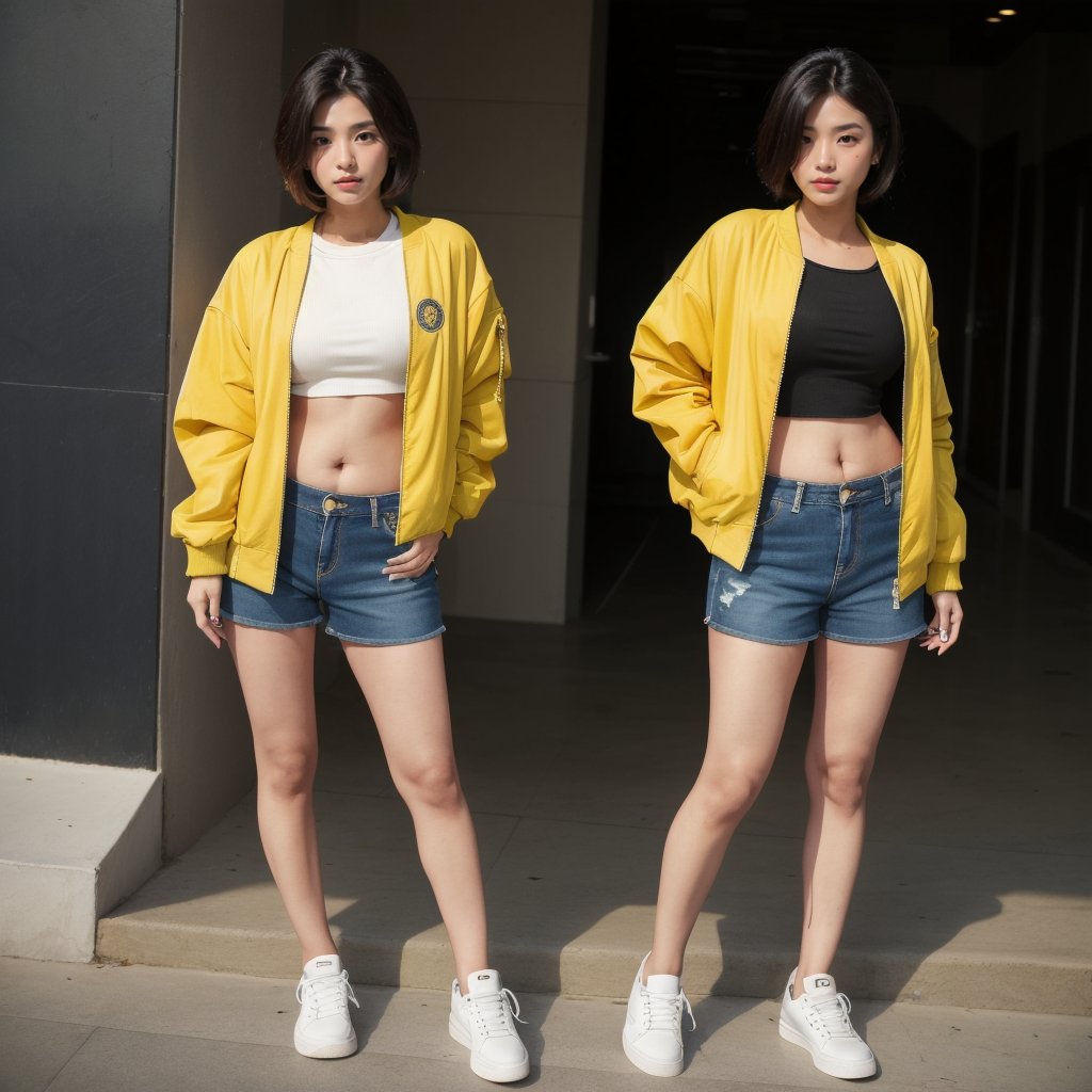 india girl 22 year old, blond sleek pixie shorts hair style, wearing oversize yellow jacket bomber m1, shorts bluejeans, white sneaker, solid black background,Mallu beauty