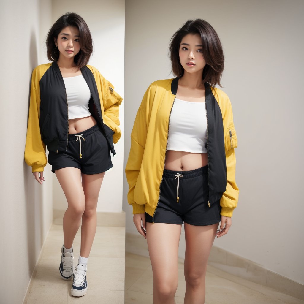 india girl 22 year old, blond sleek pixie shorts hair style, wearing oversize yellow jacket bomber m1, shorts bluejeans, white sneaker, solid black background,Mallu beauty