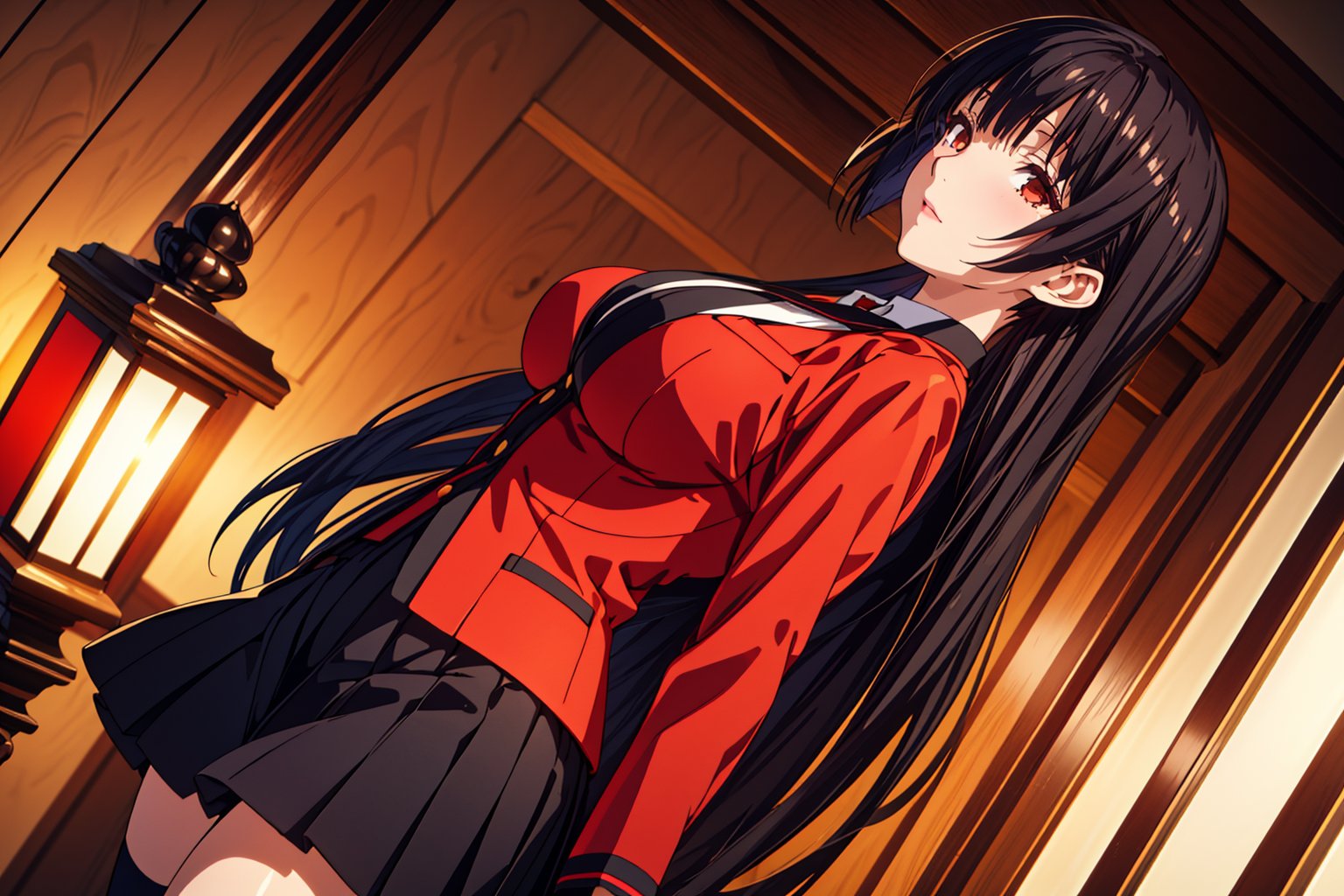 Yumeko Yabami stands out in the grand halls of Hyakkaou Academy, oak floors creaking beneath her feet as she strides confidently amidst marble walls, large windows, and ornate art pieces. Her raven tresses cascade down her back like a dark waterfall, framing her striking features. She wears the standard uniform with poise: red jacket with black accents, white shirt, thin black bow, short gray skirt with black stripes, and brown loafers with black soles. The midday sun casts a warm glow on her bold lips, defined eyebrows, and large light brown eyes aglow with a crimson red intensity, as if fueled by madness and desire. Her captivating beauty, accentuated by her curvy figure (B89- W56-H87), draws attention from the students around her.,YUMEKO JABAMI, LONG HAIR, VERY LONG HAIR, BLACK HAIR, (RED EYES:1.3)