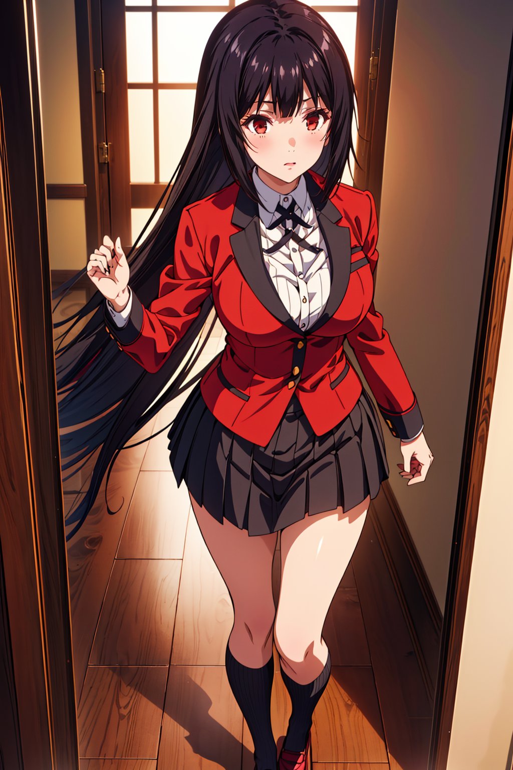 Yumeko Yabami stands out in the grand halls of Hyakkaou Academy, oak floors creaking beneath her feet as she strides confidently amidst marble walls, large windows, and ornate art pieces. Her raven tresses cascade down her back like a dark waterfall, framing her striking features. She wears the standard uniform with poise: red jacket with black accents, white shirt, thin black bow, short gray skirt with black stripes, and brown loafers with black soles. The midday sun casts a warm glow on her bold lips, defined eyebrows, and large light brown eyes aglow with a crimson red intensity, as if fueled by madness and desire. Her captivating beauty, accentuated by her curvy figure (B89- W56-H87), draws attention from the students around her.,YUMEKO JABAMI, LONG HAIR, VERY LONG HAIR, BLACK HAIR, (RED EYES:1.3)