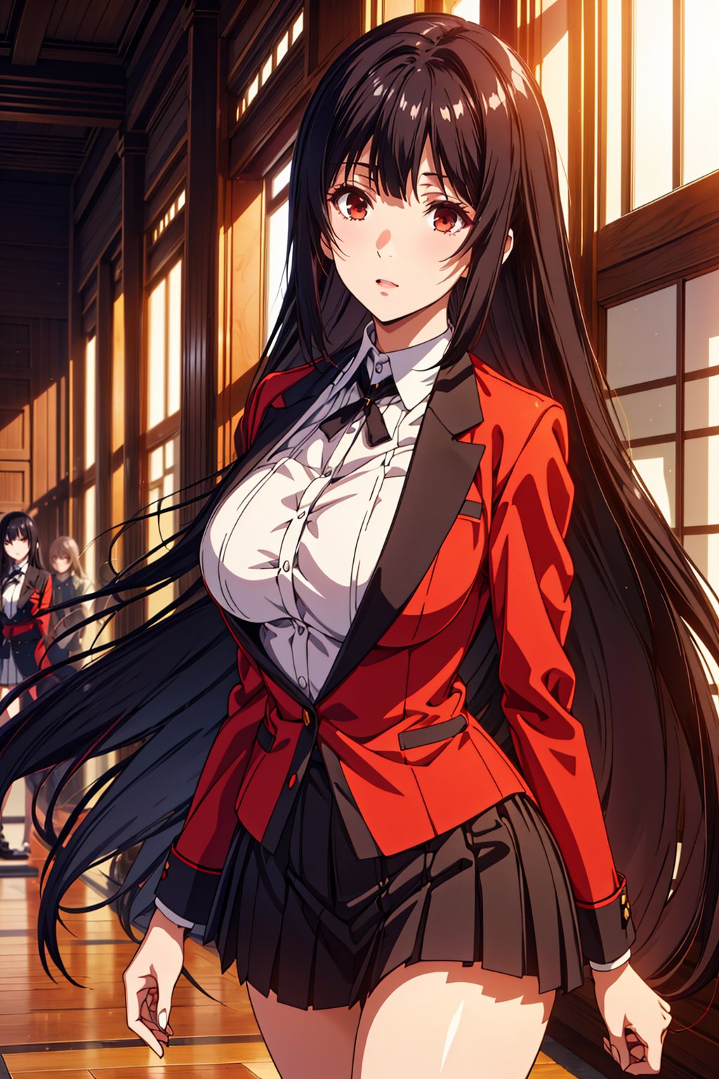 Yumeko Yabami stands out in the grand halls of Hyakkaou Academy, oak floors creaking beneath her feet as she strides confidently amidst marble walls, large windows, and ornate art pieces. Her raven tresses cascade down her back like a dark waterfall, framing her striking features. She wears the standard uniform with poise: red jacket with black accents, white shirt, thin black bow, short gray skirt with black stripes, and brown loafers with black soles. The midday sun casts a warm glow on her bold lips, defined eyebrows, and large light brown eyes aglow with a crimson red intensity, as if fueled by madness and desire. Her captivating beauty, accentuated by her curvy figure (B89- W56-H87), draws attention from the students around her.,YUMEKO JABAMI, LONG HAIR, VERY LONG HAIR, BLACK HAIR, (RED EYES:1.3)