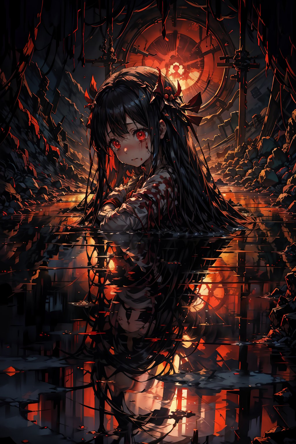 Nezuko's anguished face, tears mixing with the blood stains on her dress, as the warm crimson hues of sunset illuminate the desolate battlefield. Contrasting with the internal turmoil. The stillness conveys hope and comfort in the midst of destruction, Hestia's desperate expression a poignant counterpoint to the serene backdrop.,albedo,aaaqua