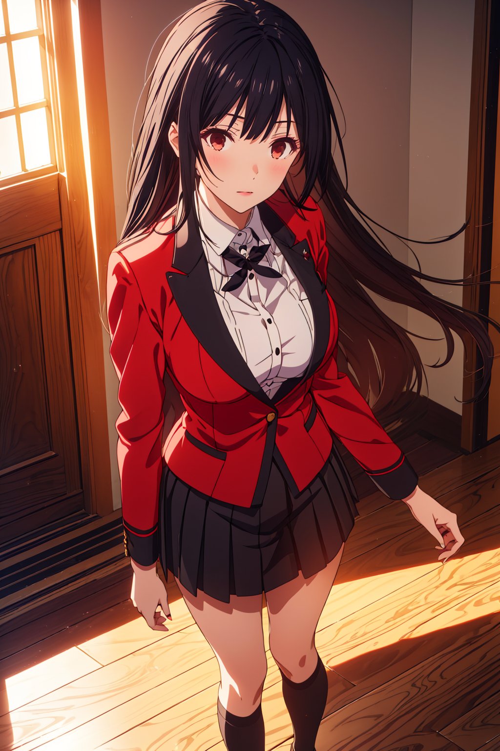 Yumeko Yabami stands out in the grand halls of Hyakkaou Academy, oak floors creaking beneath her feet as she strides confidently amidst marble walls, large windows, and ornate art pieces. Her raven tresses cascade down her back like a dark waterfall, framing her striking features. She wears the standard uniform with poise: red jacket with black accents, white shirt, thin black bow, short gray skirt with black stripes, and brown loafers with black soles. The midday sun casts a warm glow on her bold lips, defined eyebrows, and large light brown eyes aglow with a crimson red intensity, as if fueled by madness and desire. Her captivating beauty, accentuated by her curvy figure (B89- W56-H87), draws attention from the students around her.,YUMEKO JABAMI, LONG HAIR, VERY LONG HAIR, BLACK HAIR, (RED EYES:1.3)