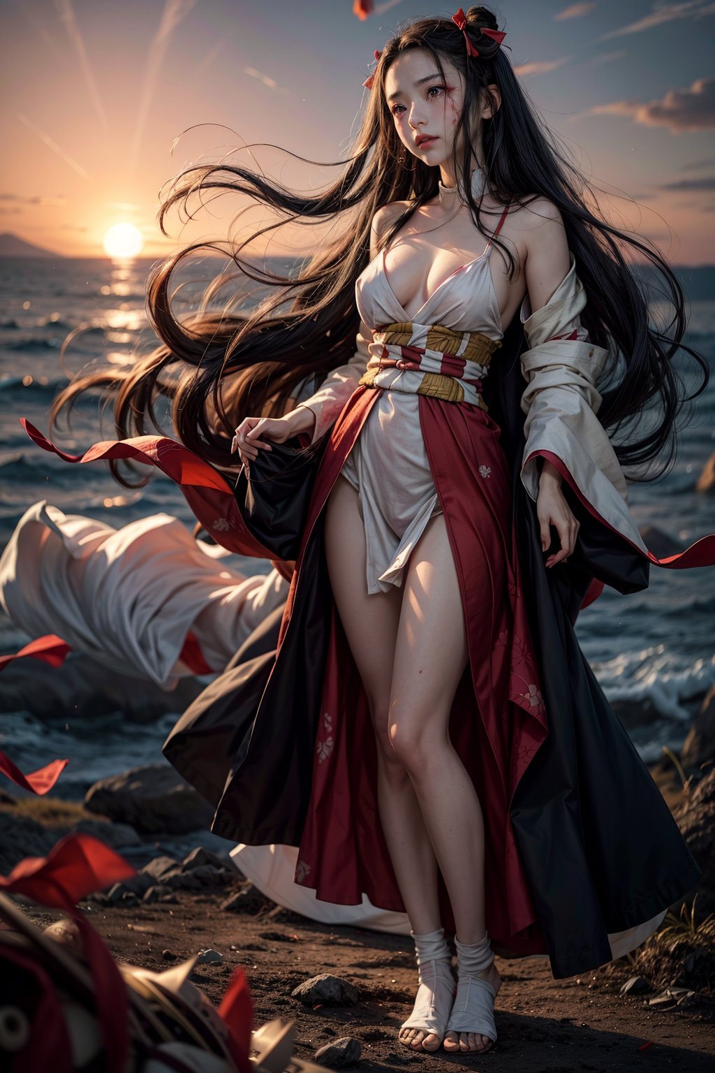 Nezuko's anguished face, tears mixing with the blood stains on her dress, as the warm crimson hues of sunset illuminate the desolate battlefield. Her tattered kimono is proof of the great battle, showing her bare chest, in contrast to the turmoil within. The stillness conveys hope and comfort in the midst of destruction, Nezuko's desperate expression a poignant counterpoint to the serene backdrop.