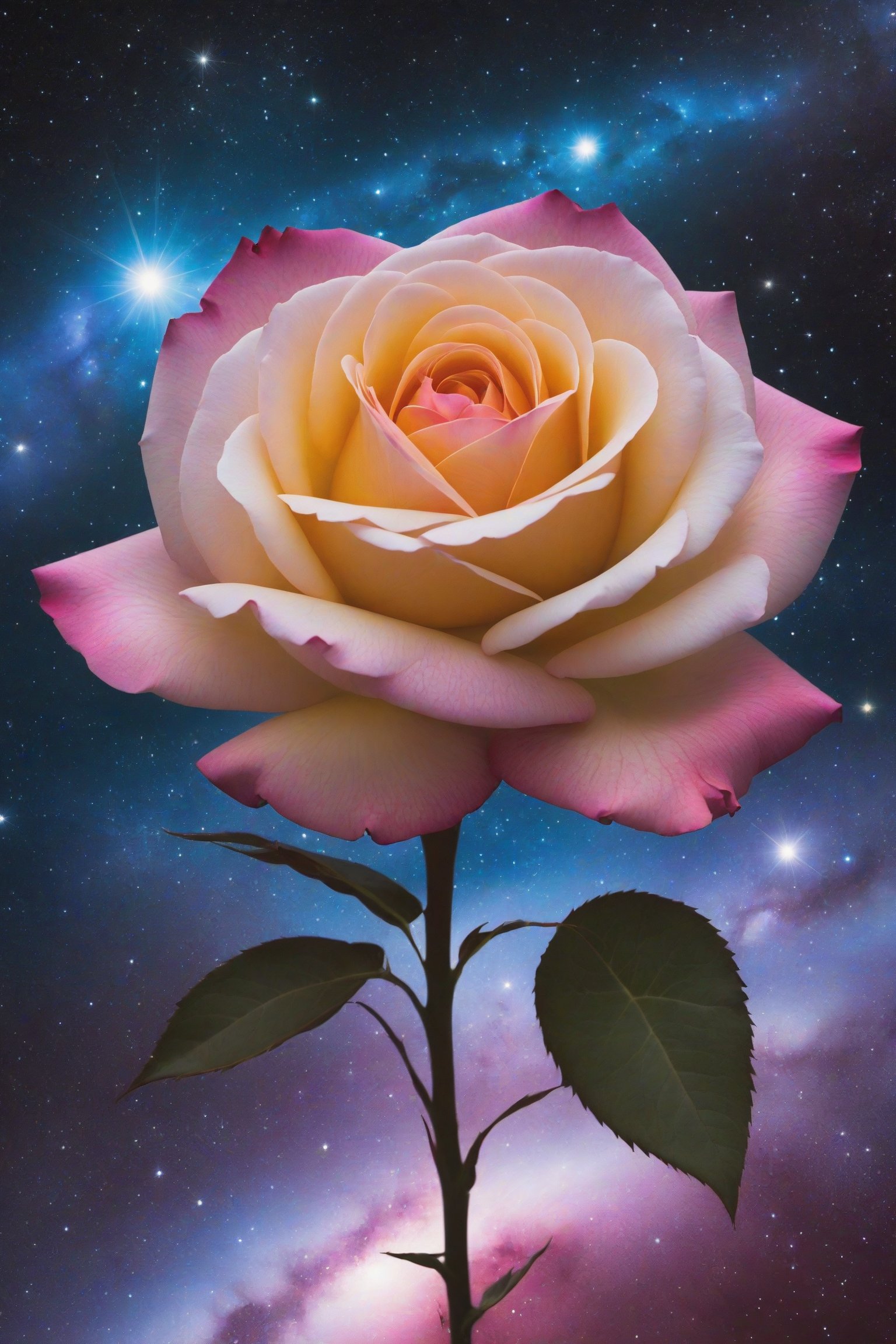 Cosmic Rose of Stellar Secrets: A rose glowing with celestial radiance, each petal revealing a secret of the universe as it moves in harmony with the cycles of the stars.