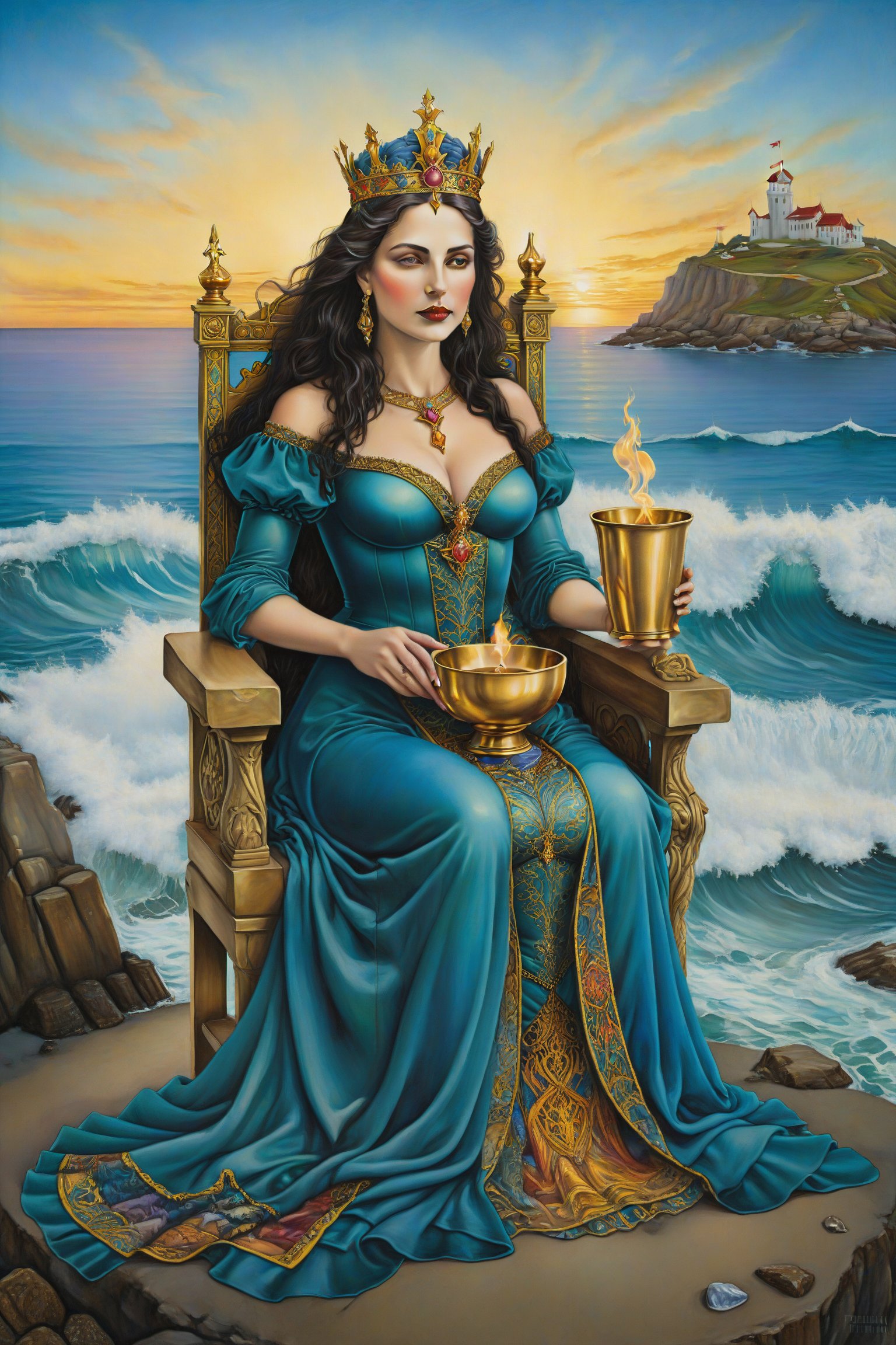 queen of cups  card of tarot: A queen sitting on her throne by the sea, holding a covered cup, symbolizing compassion, intuition, and empathy, artfrahm,visionary art style