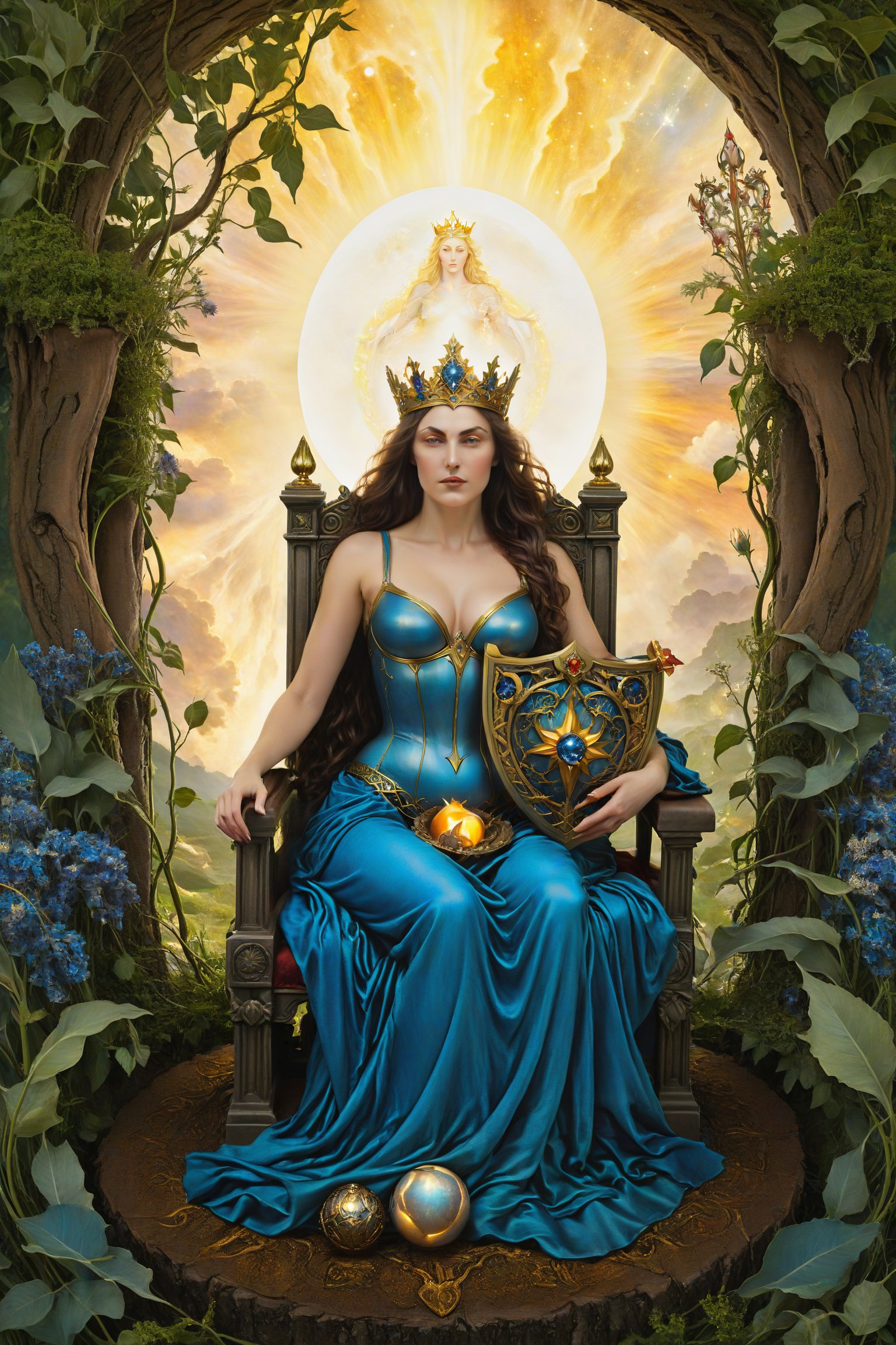 The emprees card of tarot, A female figure seated on a throne surrounded by abundant nature, symbolizing fertility and motherhood, with a shield of Venus next to her, artfrahm,visionary art style