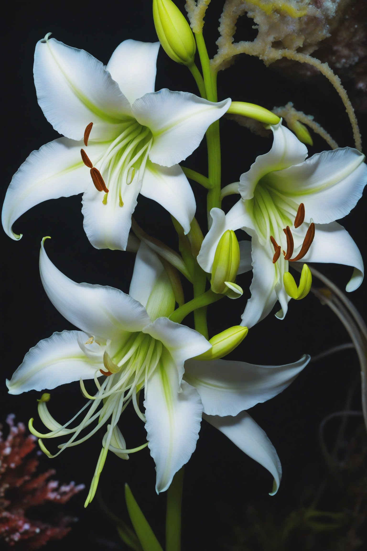 Abyssal Lily of the Depths: Its white flowers glow in the darkness of the marine abyss, attracting bold explorers with its sweet yet unfamiliar scent.