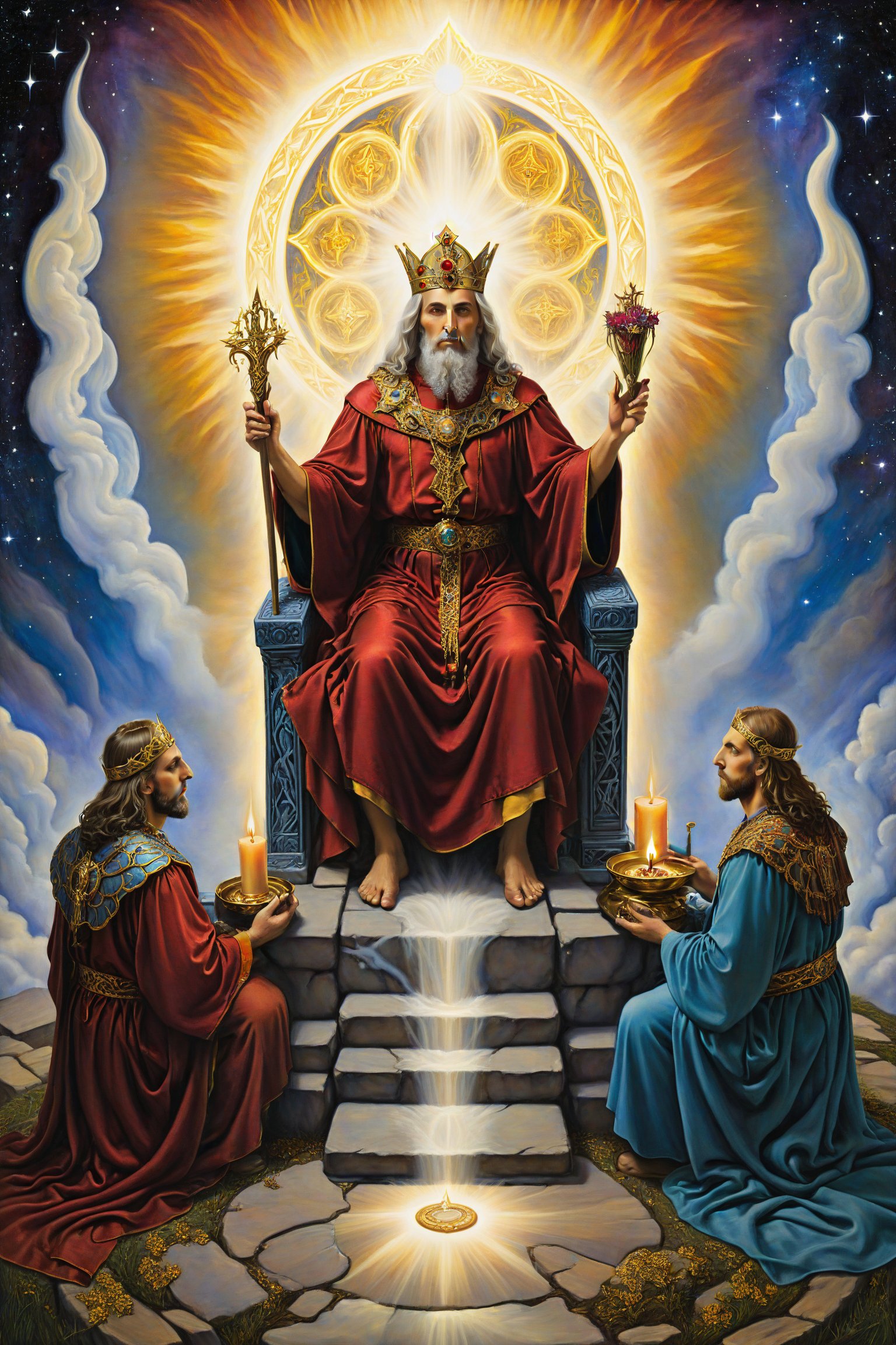  The hierophant card of tarot: A holy man sitting on his throne, imparting spiritual wisdom and tradition, with two acolytes at his feet. artfrahm,visionary art style