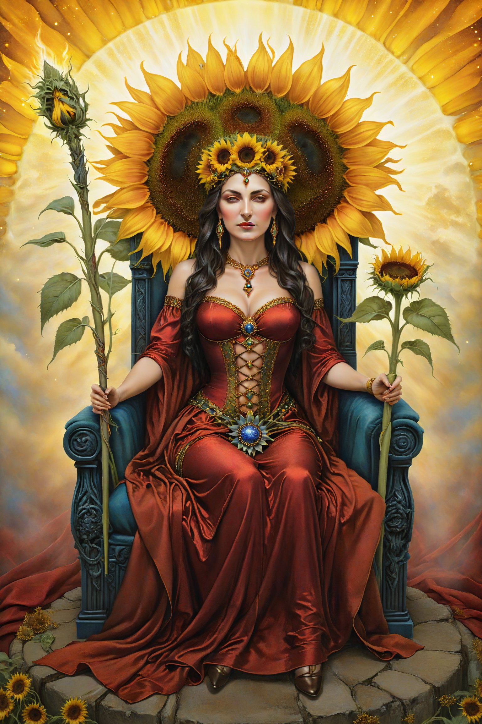 queen of  wands card of tarot: A queen sitting on her throne, holding a flowering wand and with a sunflower in the other hand, symbolizing confidence, determination, and fertility.. artfrahm,visionary art style