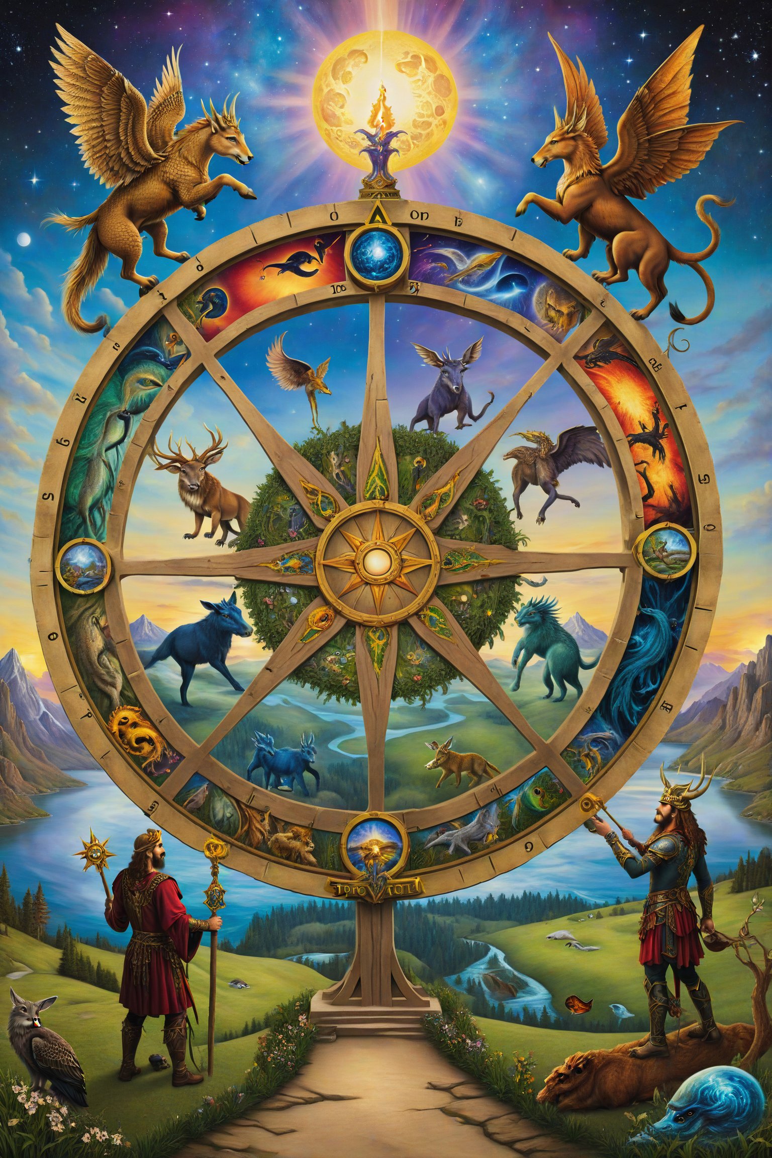 Wheel of Fortune card of tarot: A giant wheel with different creatures and symbols, representing cycles of change and destiny. artfrahm,visionary art style