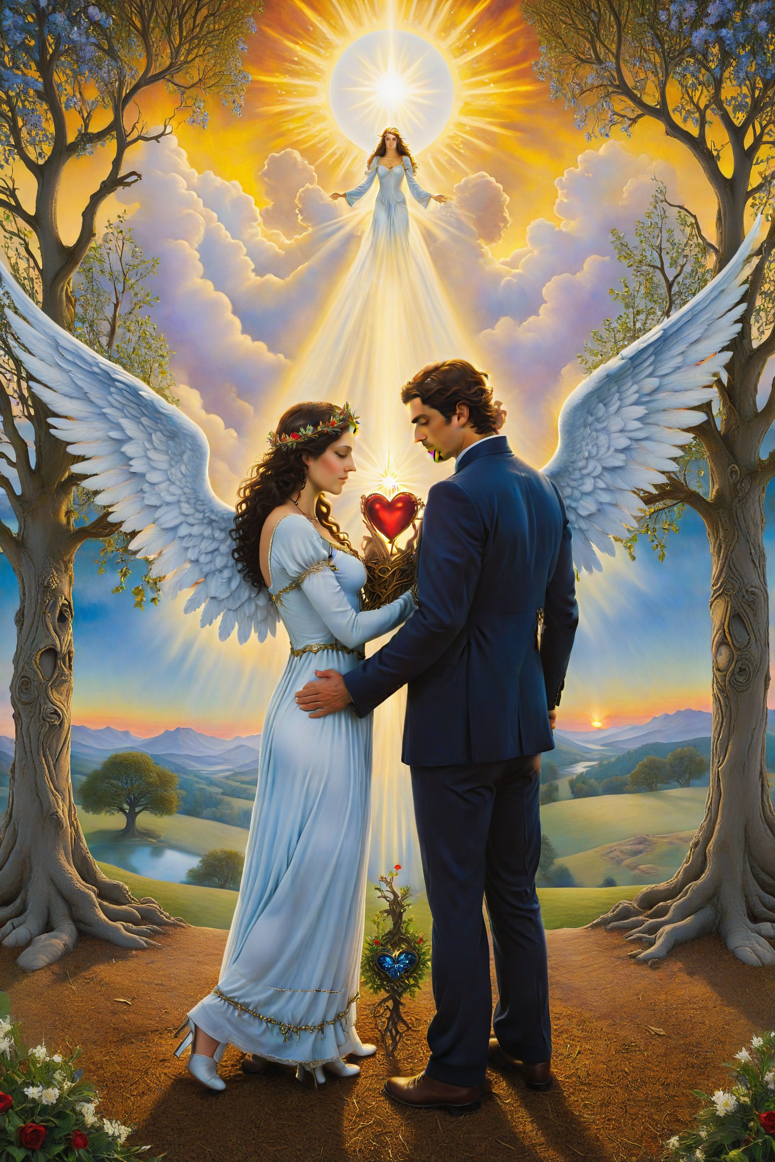 The lovers card of tarot:A couple standing in front of an angel, with a tree behind each, symbolizing love and decisions.. artfrahm,visionary art style