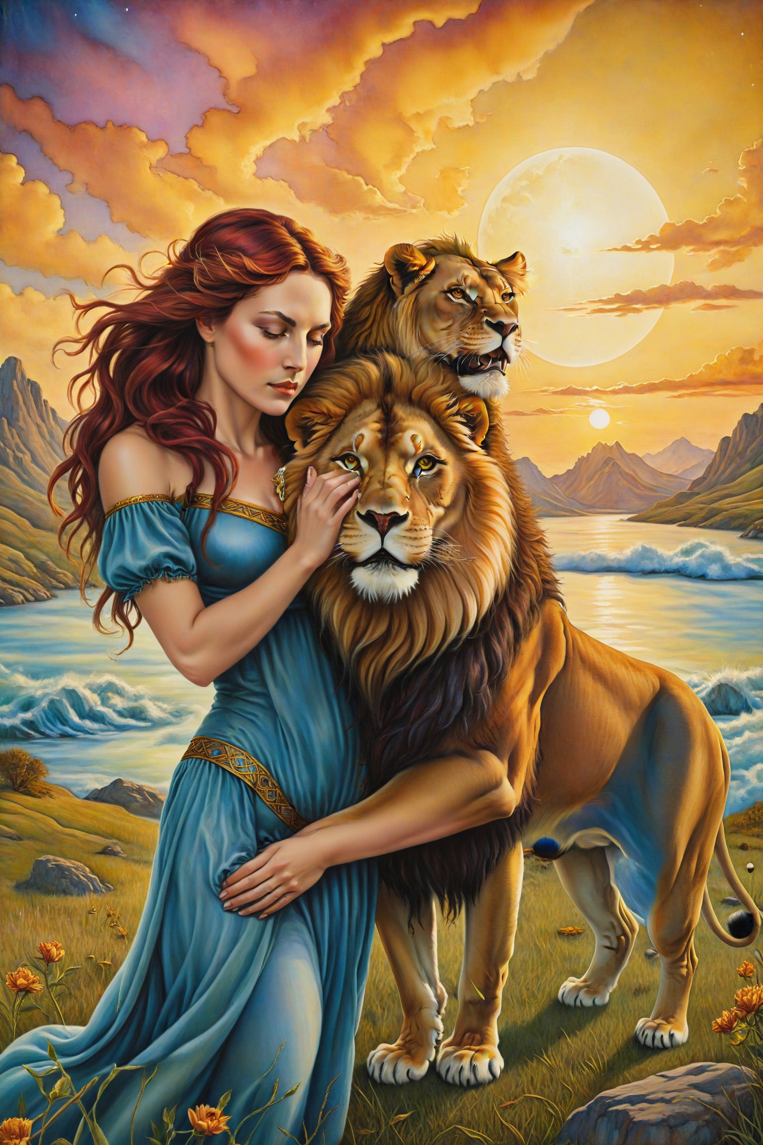 Strength card of tarot: A calm woman taming a lion, symbolizing courage, patience and self-control. artfrahm,visionary art style