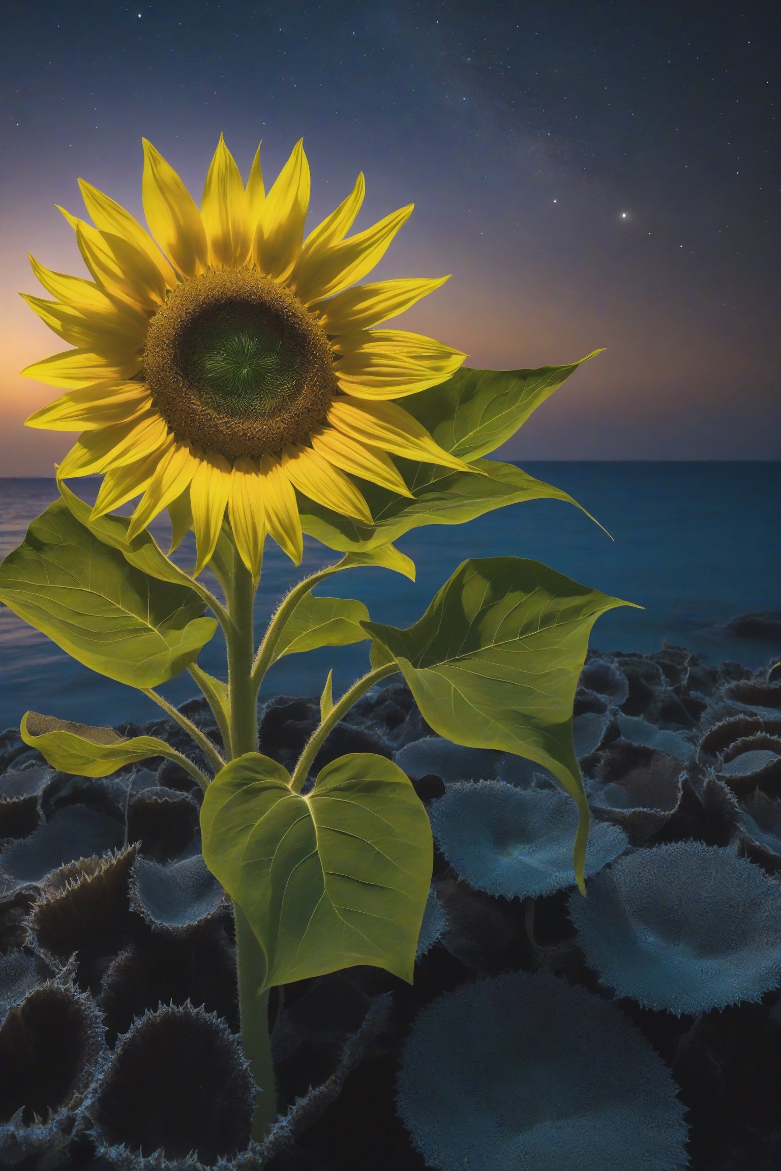 Lunar Sunflower of the Endless Night: Slowly turning towards the moonlight, this sea sunflower radiates a silvery glow that illuminates the seabed during endless nights.