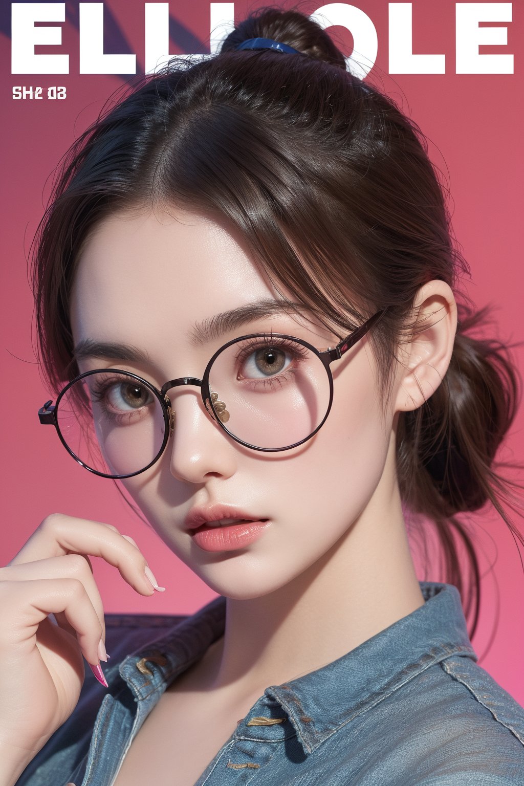 score_9, (Masterpiece), REALISTIC, UHD, vivid colors, 8K, more detail, ultra high_resolution, sharp, (movie poster shot), 1girl, ((She looks like Elle fanning, eyes look like Mila kunis)), 20yo, ((slicked ponytail hair)), symmetrical eyes, detail face feature, well-proportioned body, detailed fabric textures in clothing, she is a super-model, (magazine photo), (Coach brand legend fashion collections), (shirts, shorts, bolero, round glasses), (virtual unreal fantasy background),