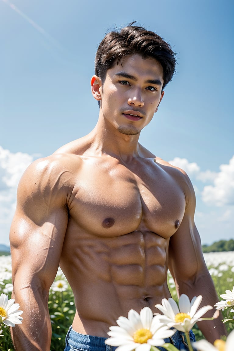 Handsome young man with Korean features, 29 years old, posing in a vast white flowers field against an endless blue sky horizon. He stands strong, showcasing his toned physique and six-pack, abs muscle,  v line muscle,  His cheeky, mischievous expression is lit by the alluring soft light, Photo shoot by Sony A7III captures the scene with precision using the  TTArtisan 100mm F2.8  Soft Bokeh Lens Full Frame ,Wide-Angle,Eye level perspective,emphasizing upper body details and strict facial features,high-impact strictly face detail, lifelike person, extremely realistic