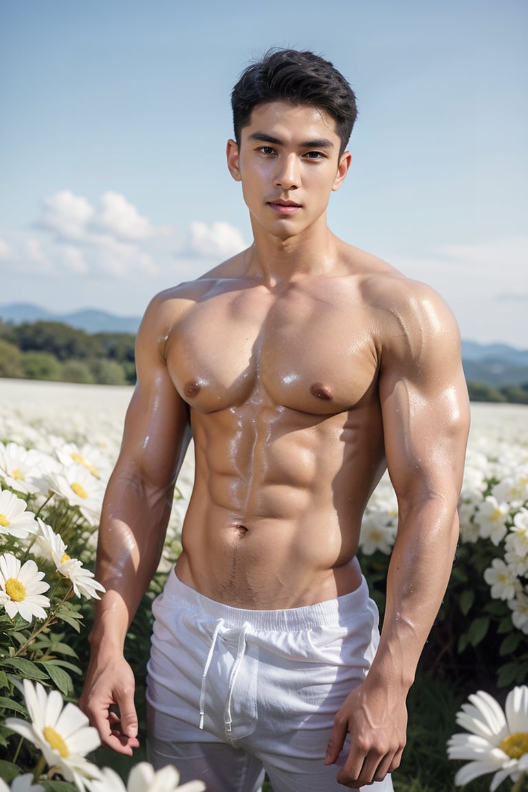 Handsome young man with Japanese features, highlighting his face detail rendered, 29 years old,exuding confidence and masculinity pose  in a vast white flowers field against an endless blue sky horizon. He stands strong, showcasing his toned physique and six-pack, abs muscle, v line muscle, His cheeky, mischievous expression is lit by the alluring soft light, Eye level perspective,emphasizing upper body details and strict facial features, lifelike person, extremely realistic, 