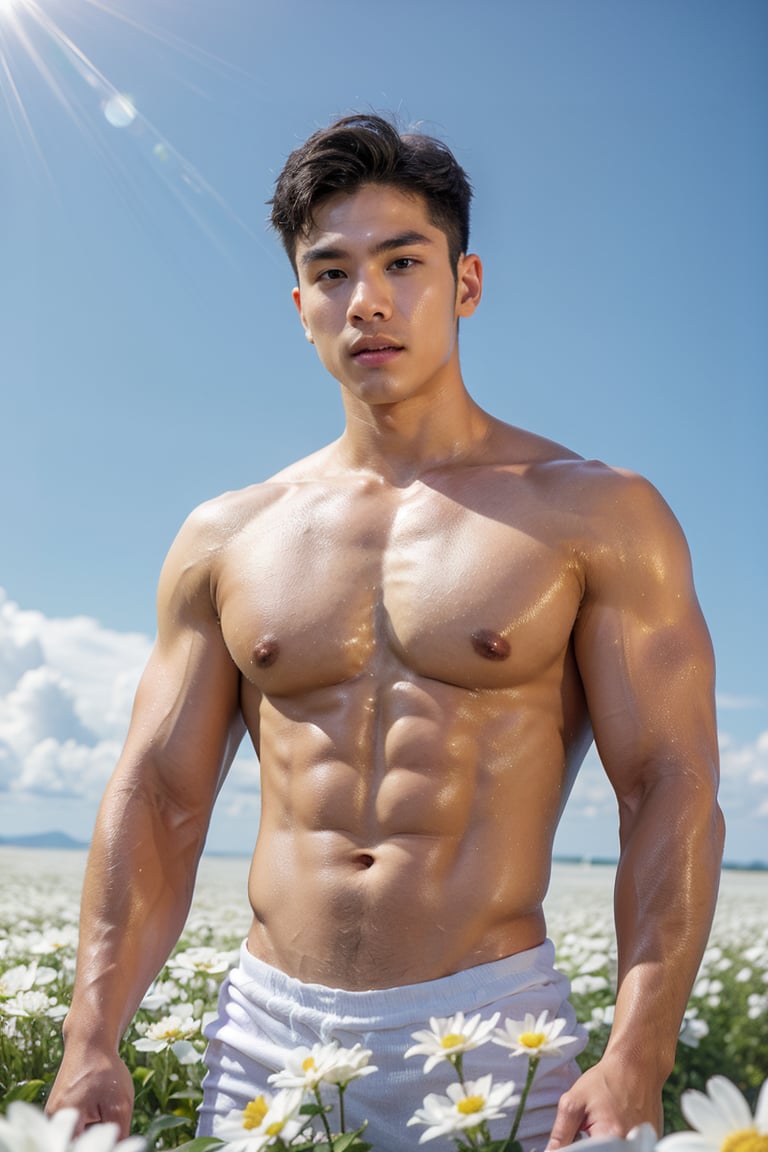 Handsome young man with Korean features, 29 years old, posing in a vast white  flowers field against an endless blue sky horizon. He stands strong, showcasing his toned physique and six-pack abs. His cheeky, mischievous expression is lit by the alluring sunlight, highlighting his healthy lips. Sony A7III captures the scene with precision using the  TTArtisan 100mm F2.8  Soft Bokeh Lens Full Frame ,Wide-Angle,Eye level perspective,emphasizing upper body details and strict facial features,high-impact strictly face detail, lifelike person, extremely realistic