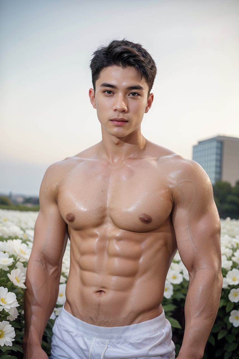 Handsome young man with Japanese features, highlighting his face detail  rendered, 29 years old,exuding confidence and masculinity pose  in a vast white flowers field against an endless blue sky horizon. He stands strong, showcasing his toned physique and six-pack, abs muscle,  v line muscle,  His cheeky, mischievous expression is lit by the alluring soft light, Eye level perspective,emphasizing upper body details and strict facial features,high-impact strictly face detail, lifelike person, extremely realistic, 