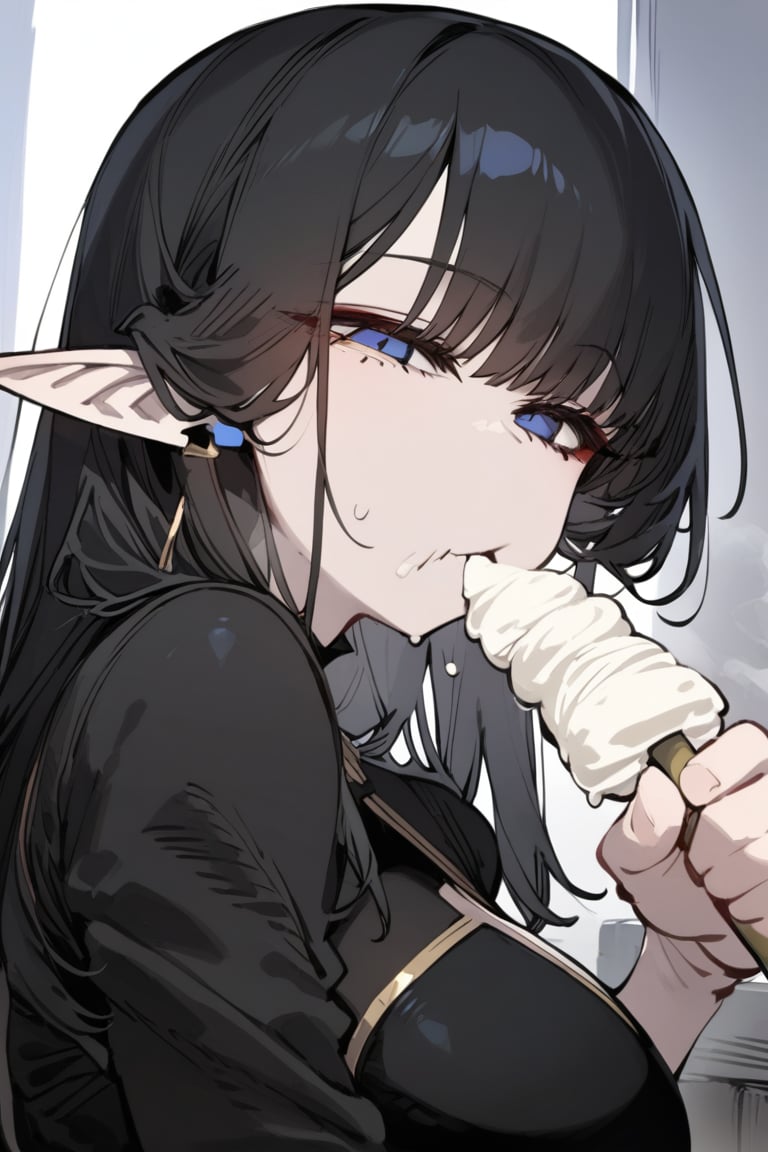 1girl, solo, black hair, long hair, upper body, masterpiece, best quality, very aesthetic, absurdres,gotou hitori, sagawa, fucking, masterpiece, high quality, only black hair, elf clothes, feel disgusting, blue eyes, censored, eating icecream