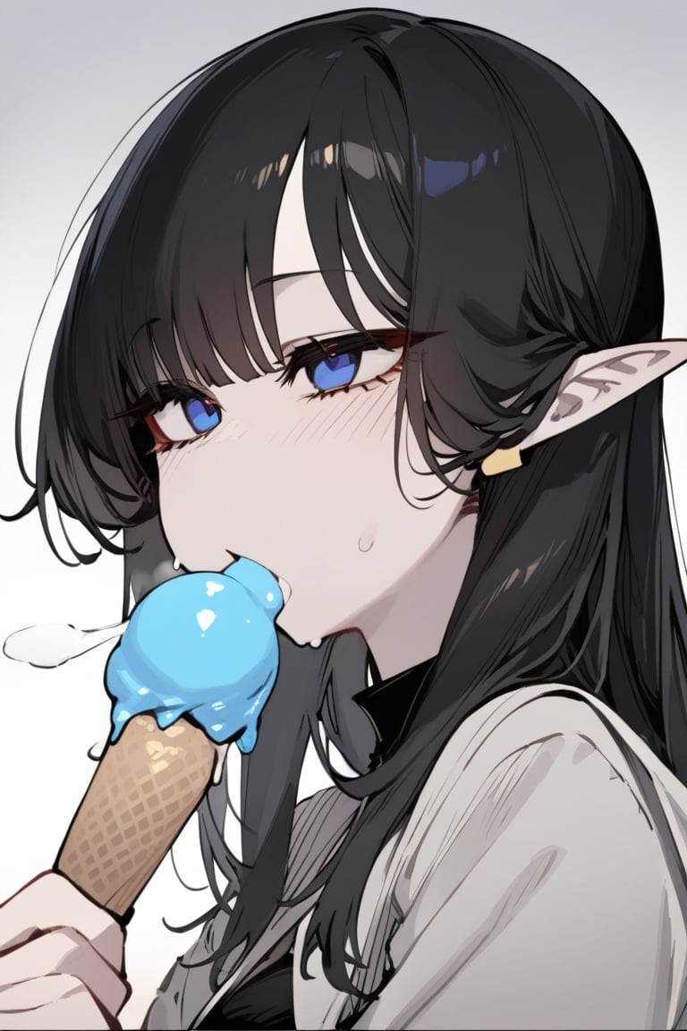 1girl, solo, black hair, long hair, upper body, masterpiece, best quality, very aesthetic, absurdres,gotou hitori, sagawa, fucking, masterpiece, high quality, only black hair, elf clothes, feel disgusting, blue eyes, censored, eating icecream