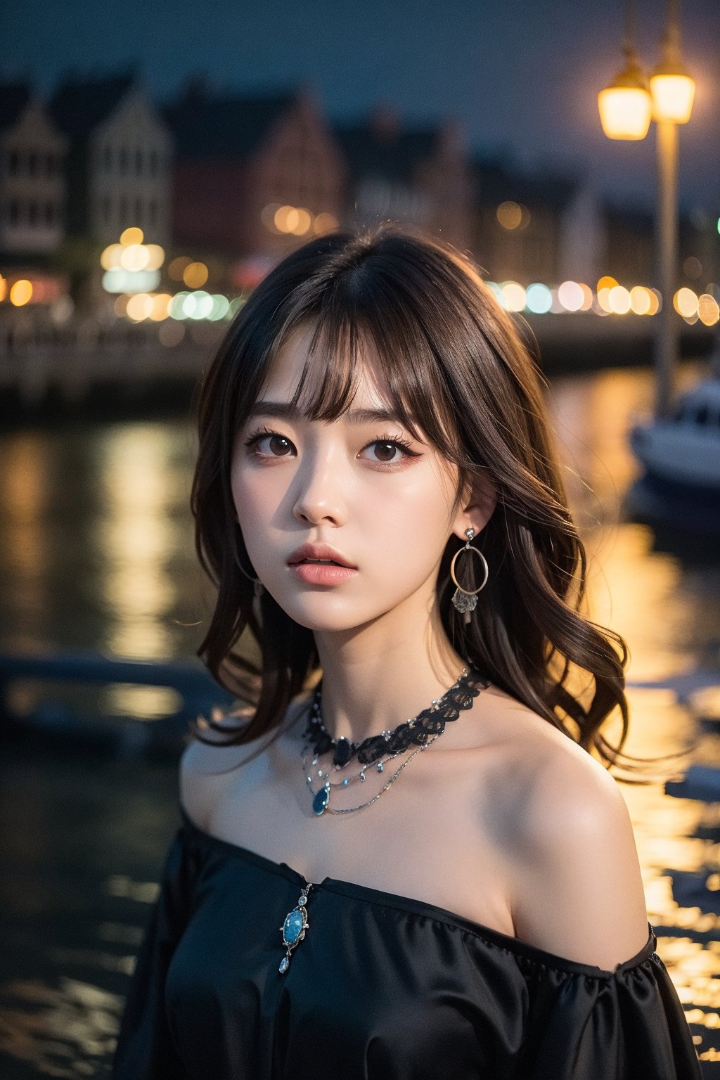 masterpiece, high quality realistic, realistic aesthetic photo, in the night city, by the river, (head to thins portrait), beautiful girl, black medium hair, hair back, necklace, earing, dark-purple one shoulder dress,